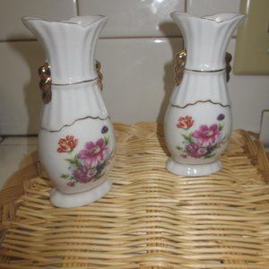 Vintage 2 pc white small 5" porcelain vases floral print